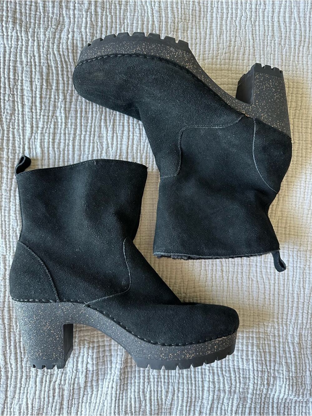 Aetrex Scarlett Black Leather Shearling Boots Chunky Platform Heel Boots 10.5-11